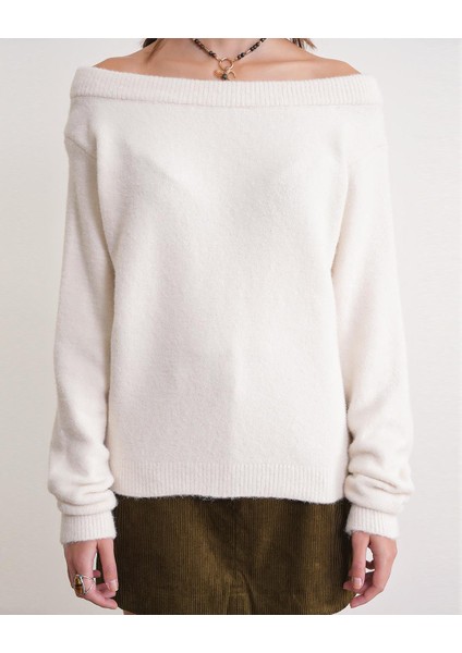 69633 Kadın Kayık Yaka Yün Karışımlı Premium Triko Kazak Kemik fırsatları
