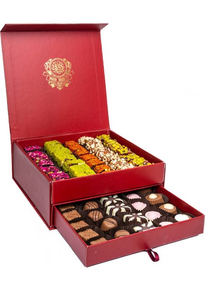 Spesiyal Çikolata, Fıstıklı, Güllü, Safran Kaplı, Fındıklı Lokum Seti Özel Çekmeceli Kutusuyla