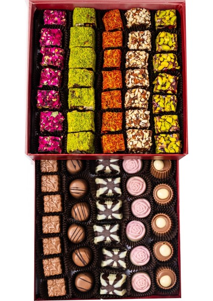 Spesiyal Çikolata, Fıstıklı, Güllü, Safran Kaplı, Fındıklı Lokum Seti Özel Çekmeceli Kutusuyla fiyatları