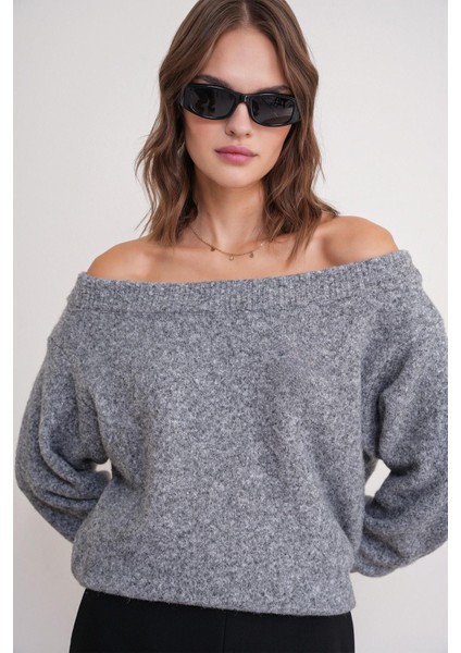 69633 Kadın Kayık Yaka Yün Karışımlı Premium Triko Kazak Gri