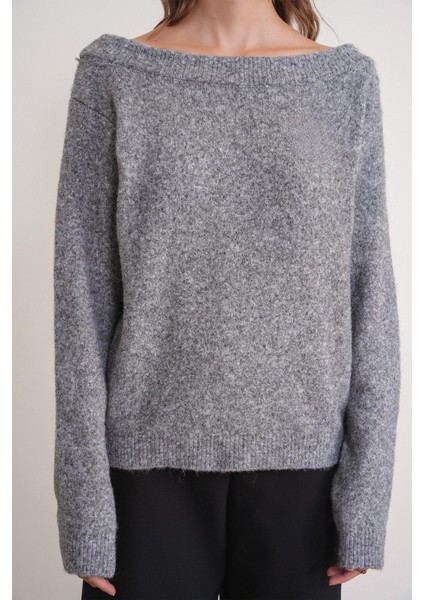 69633 Kadın Kayık Yaka Yün Karışımlı Premium Triko Kazak Gri fırsatları
