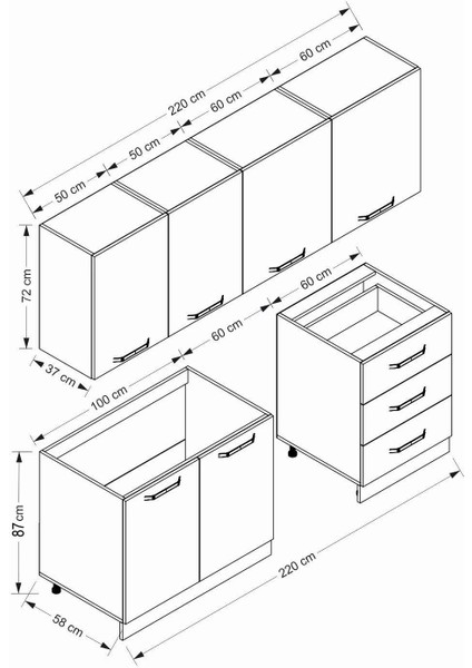 220 cm Mutfak Dolabı Beyaz Antrasit 220-A12