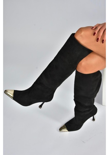 V752574102 Siyah Süet Ince Topuklu Kadın Çizme