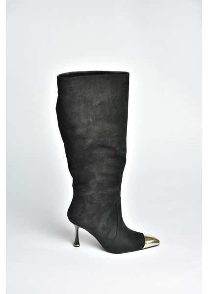 V752574102 Siyah Süet Ince Topuklu Kadın Çizme