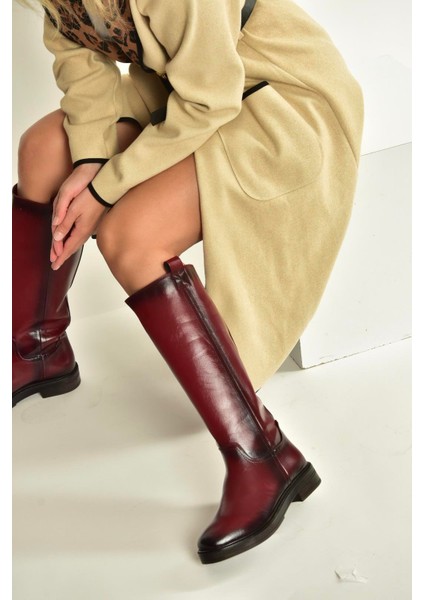 V312513560 Bordo Rustik Alçak Topuklu Kadın Çizme