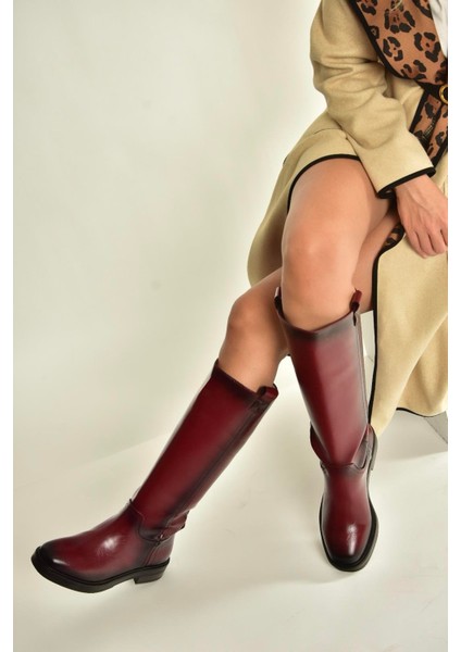 V312513560 Bordo Rustik Alçak Topuklu Kadın Çizme fiyatları