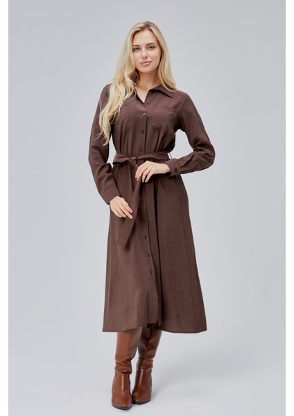 Kahverengi Regular Kemerli Gömlek Elbise