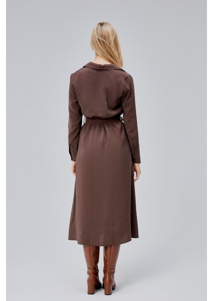 Kahverengi Regular Kemerli Gömlek Elbise