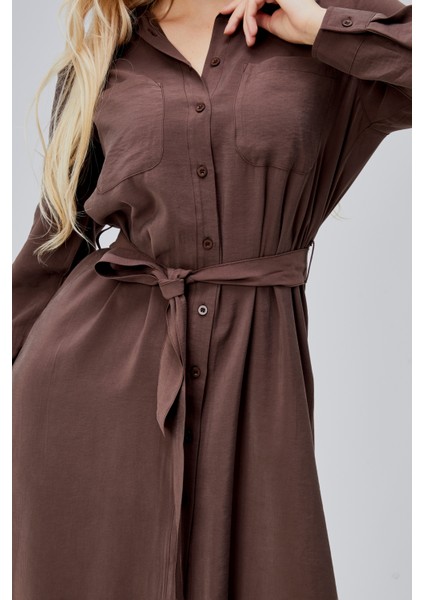 Kahverengi Regular Kemerli Gömlek Elbise
