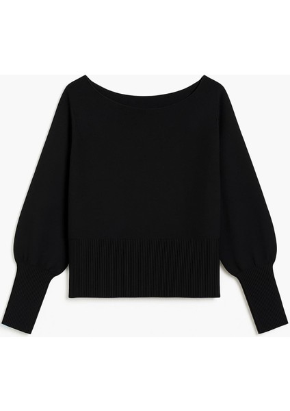 6988 Kadın Asimetrik Rib Kesim Kayık Yaka Triko Kazak Siyah