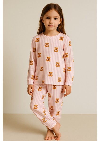 Kız Çocuk Teddy Desenli Pijama Takımı Pembe