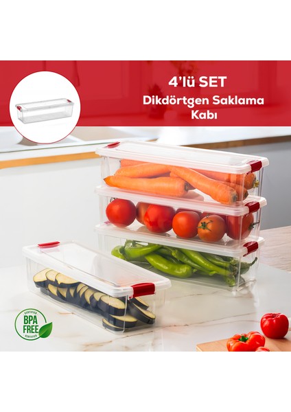 456-4 4lü Kilitli Kapaklı Yiyecek Erzak Saklama Kabı Seti - Buzdolabı Düzenleyici Organizeri 3,4lt