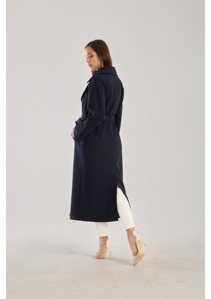 Lacivert Regular Kemerli Kaşe Kaban