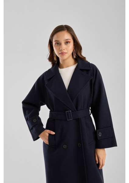 Lacivert Regular Kemerli Kaşe Kaban