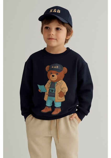 Çocuk Şapkalı Teddy Desenli Eşofman Takımı