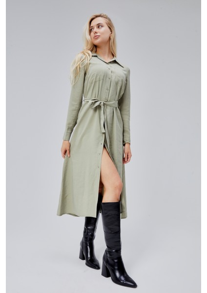 Çağla Yeşili Regular Kemerli Gömlek Elbise