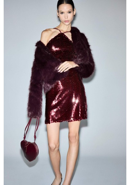 Fitted Halter Yaka Payetli Kumaş Kolsuz Mini Elbise G4318AX25AU