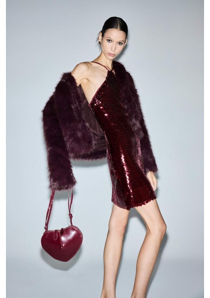 Fitted Halter Yaka Payetli Kumaş Kolsuz Mini Elbise G4318AX25AU fiyatları