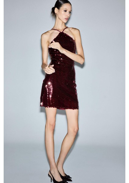 Fitted Halter Yaka Payetli Kumaş Kolsuz Mini Elbise G4318AX25AU modelleri