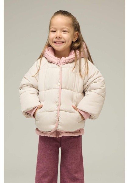 Kız Bebek Kapüşonlu Fermuarlı Çok Renkli Çıtçıtlı Fermuarlı Şişme Mont