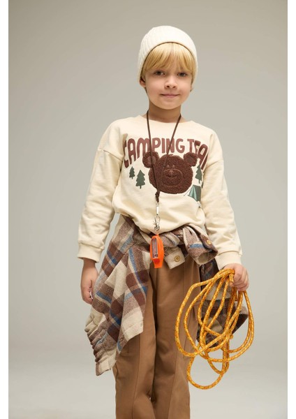 Erkek Bebek Bisiklet Yaka Ayı Baskılı İçi Yumuşak Tüylü Sweatshirt F7590A525WN