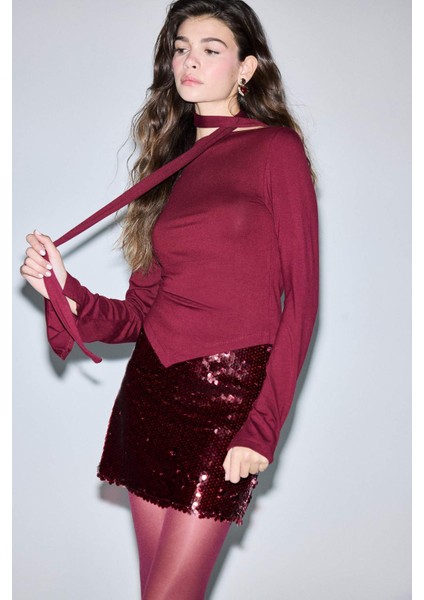 Slim Fit Dar Kesim Kayık Yaka Şal Detaylı Uzun Kollu Bluz