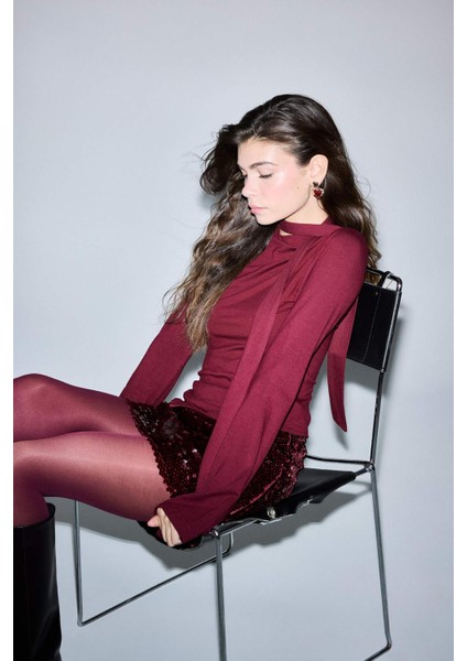 Slim Fit Dar Kesim Kayık Yaka Şal Detaylı Uzun Kollu Bluz modelleri