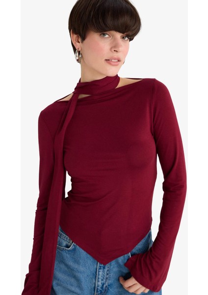 Slim Fit Dar Kesim Kayık Yaka Şal Detaylı Uzun Kollu Bluz fırsatları