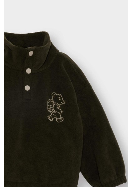 Erkek Bebek 2'li Takım Nakışlı Polar Dik Yaka Düğmeli Sweatshirt Eşofman Altı fırsatları