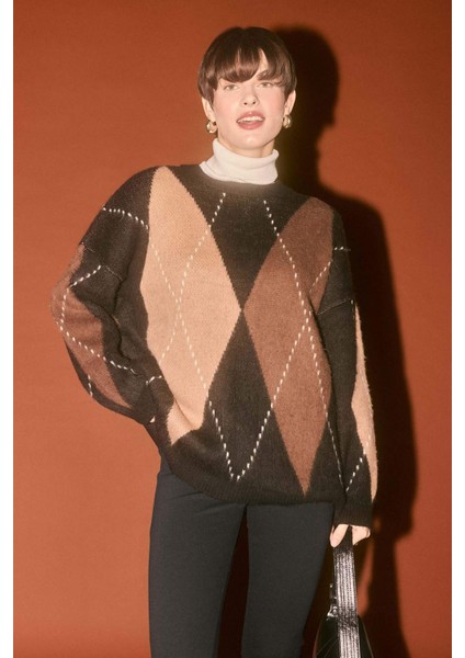 Oversize Geniş Kalıp Bisiklet Yaka Baklava Desenli Triko Kazak G6544AX25WN