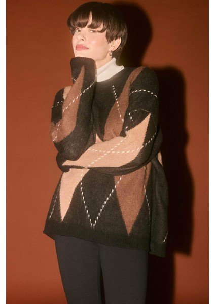 Oversize Geniş Kalıp Bisiklet Yaka Baklava Desenli Triko Kazak G6544AX25WN fiyatları