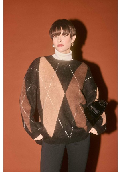 Oversize Geniş Kalıp Bisiklet Yaka Baklava Desenli Triko Kazak G6544AX25WN modelleri