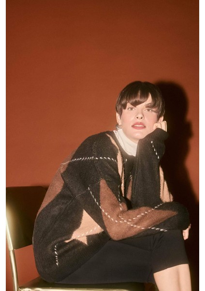 Oversize Geniş Kalıp Bisiklet Yaka Baklava Desenli Triko Kazak G6544AX25WN fırsatları