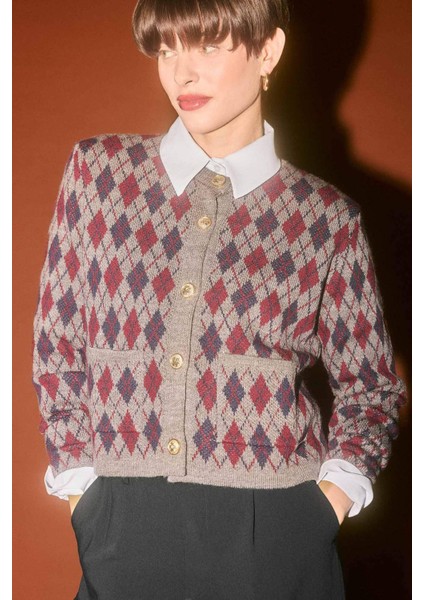 Regular Fit Bisiklet Yaka Baklava Desenli Düğmeli Triko Hırka G6551AX25WN