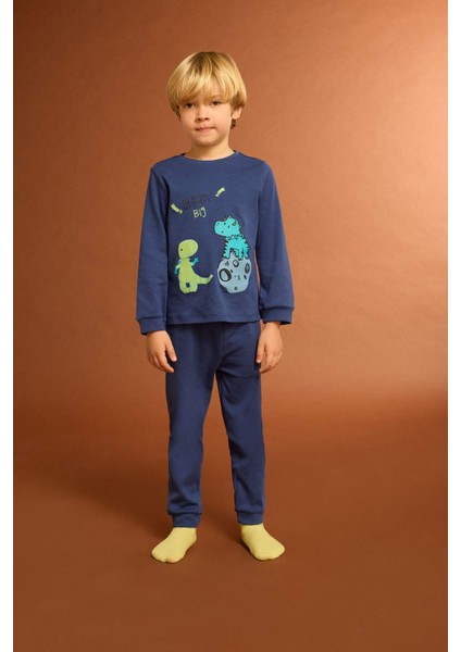 Erkek Bebek Pijama Takımı Dinozor Baskılı Uzun Kollu Üst Uzun Alt