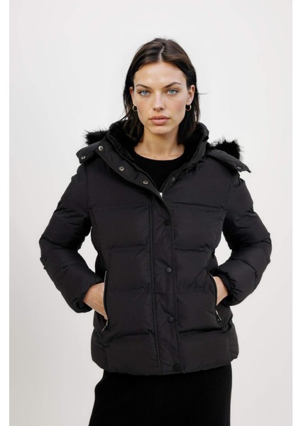 Su Geçirmez Puffer Şişme Mont Kapüşonlu Fermuar Çıtçıt Kapmalı Cepli C9523AX24WN