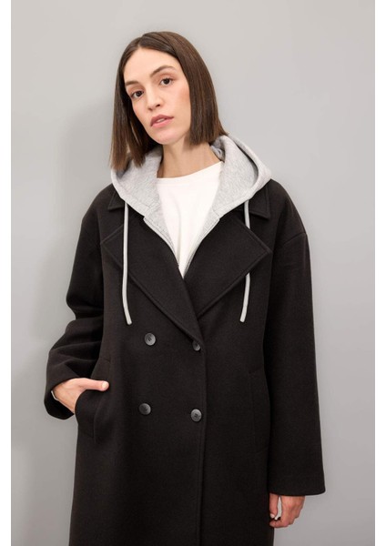 Regular Fit Kapüşonlu Düğmeli Kaşe Kaban D4184AX24WN fırsatları