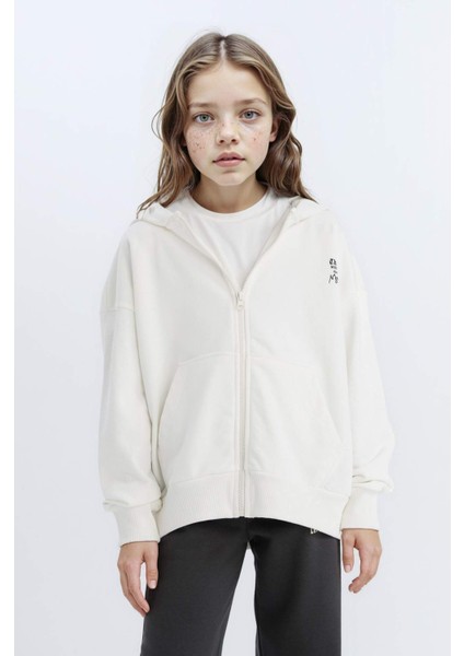 Kız Çocuk Oversize Geniş Kalıp Kapüşonlu Baskılı Fermuarlı Sweatshirt