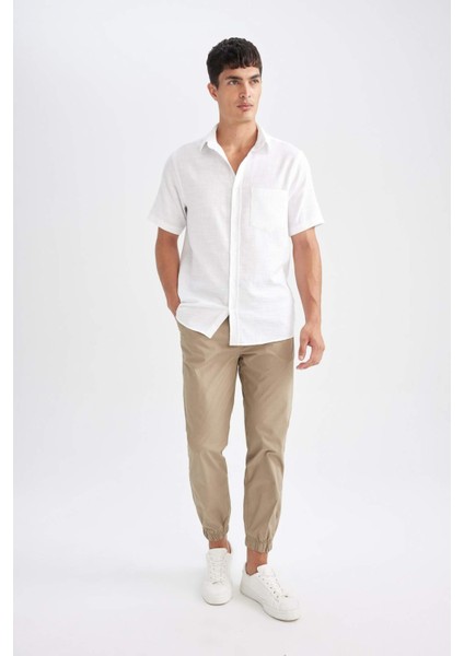 %100 Pamuk Yazlık Jogger Pantolon Basic Düz Beli Bağcıklı Cepli Lastikli Paça D7782AX24AU