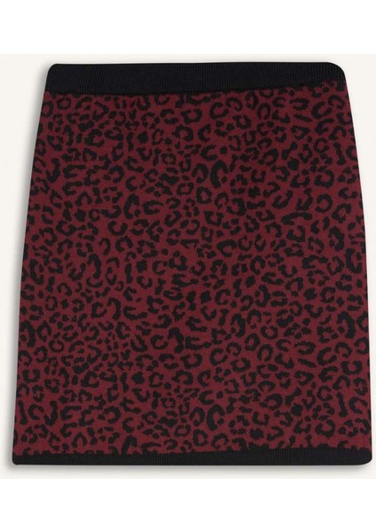 A Kesim Leopar Desenli Mini Triko Etek