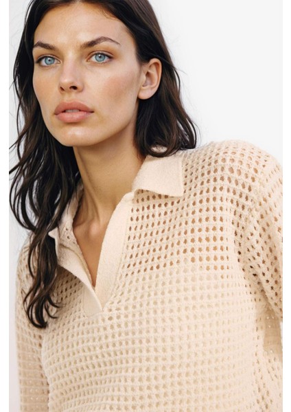 Relax Fit Polo Yaka Basic Düz Ajur Triko Kazak E7025AX25SM fırsatları