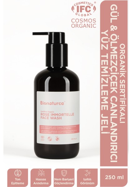 Organik Sertifikalı Gül & Ölmezçiçek Canlandırıcı Yüz Temizleme Jeli 250 ml - Bionaturca