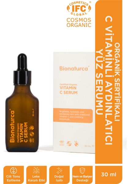 Organik Sertifikalı C Vitaminli Aydınlatıcı Yüz Serumu 30 M L- Bionaturca