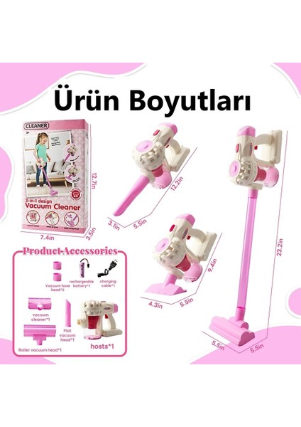 Dikey Süpürge Pembe 3'ü 1 Arada Sesli Vakumlu Çekme Özellikli Şarjlı Elektrikli Oyuncak