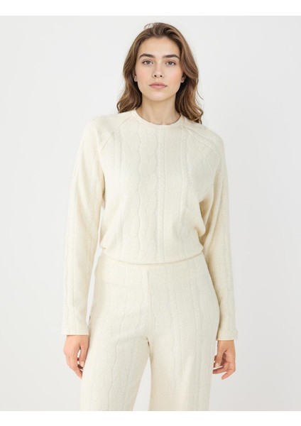 Bej Saç Örgü Desenli Bisiklet Yaka Örme Sweatshirt