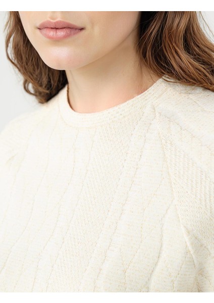 Bej Saç Örgü Desenli Bisiklet Yaka Örme Sweatshirt indirimleri