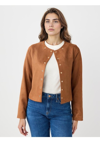 Kahverengi Düz Kesim Çıtçıt Detaylı Süet Ceket