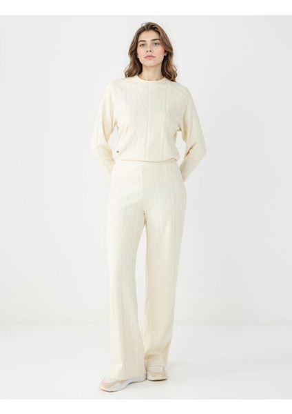 Bej Yüksek Bel Saç Örgü Desenli Örme Pantolon