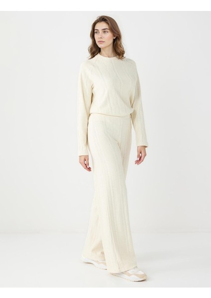 Bej Yüksek Bel Saç Örgü Desenli Örme Pantolon modelleri