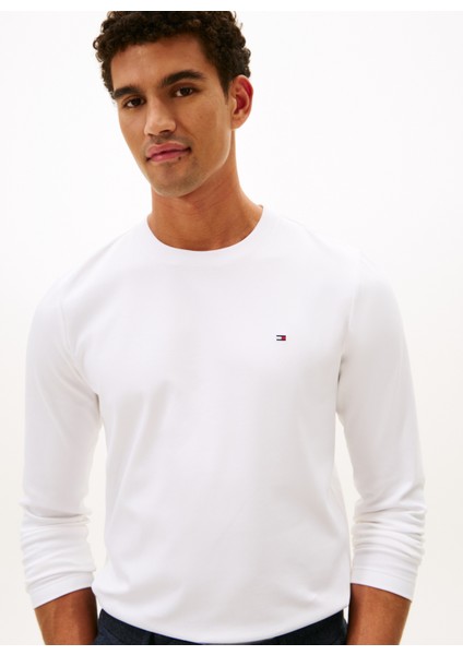 Bisiklet Yaka Beyaz Erkek T-Shirt MW0MW27908YBR_LUXURY Interlock Ls T modelleri